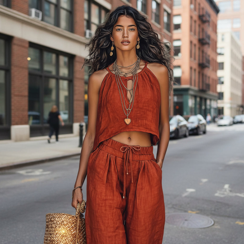 Women's Sleeveless Crop Tank and Wide-Leg Pants Linen Blend Set