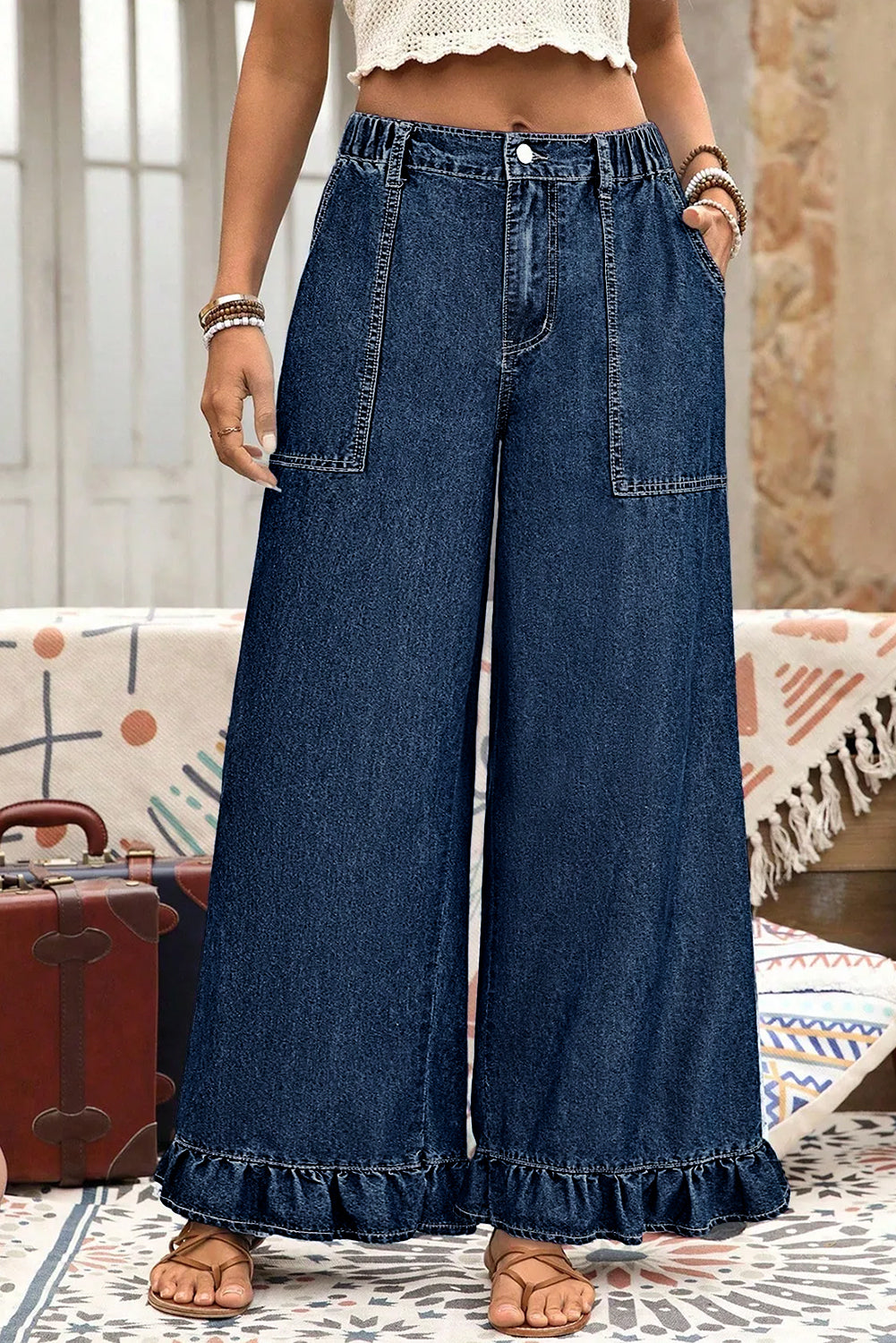 Black Elastic Waist Ruffled Wide Leg Denim Pants