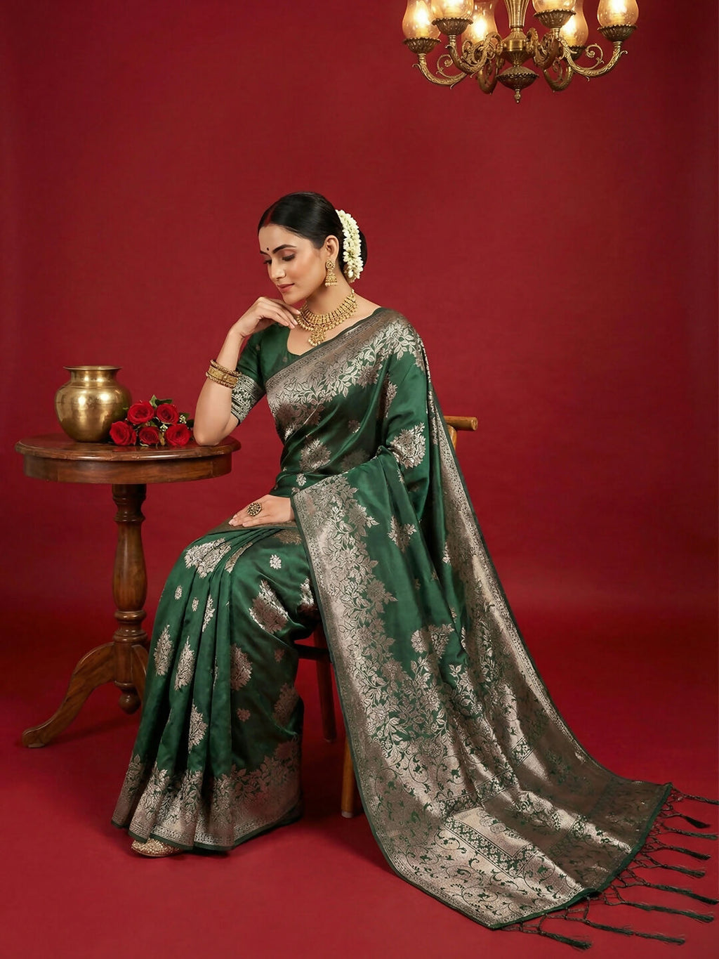 Dark Green Silk Blend Saree with Matching Blouse