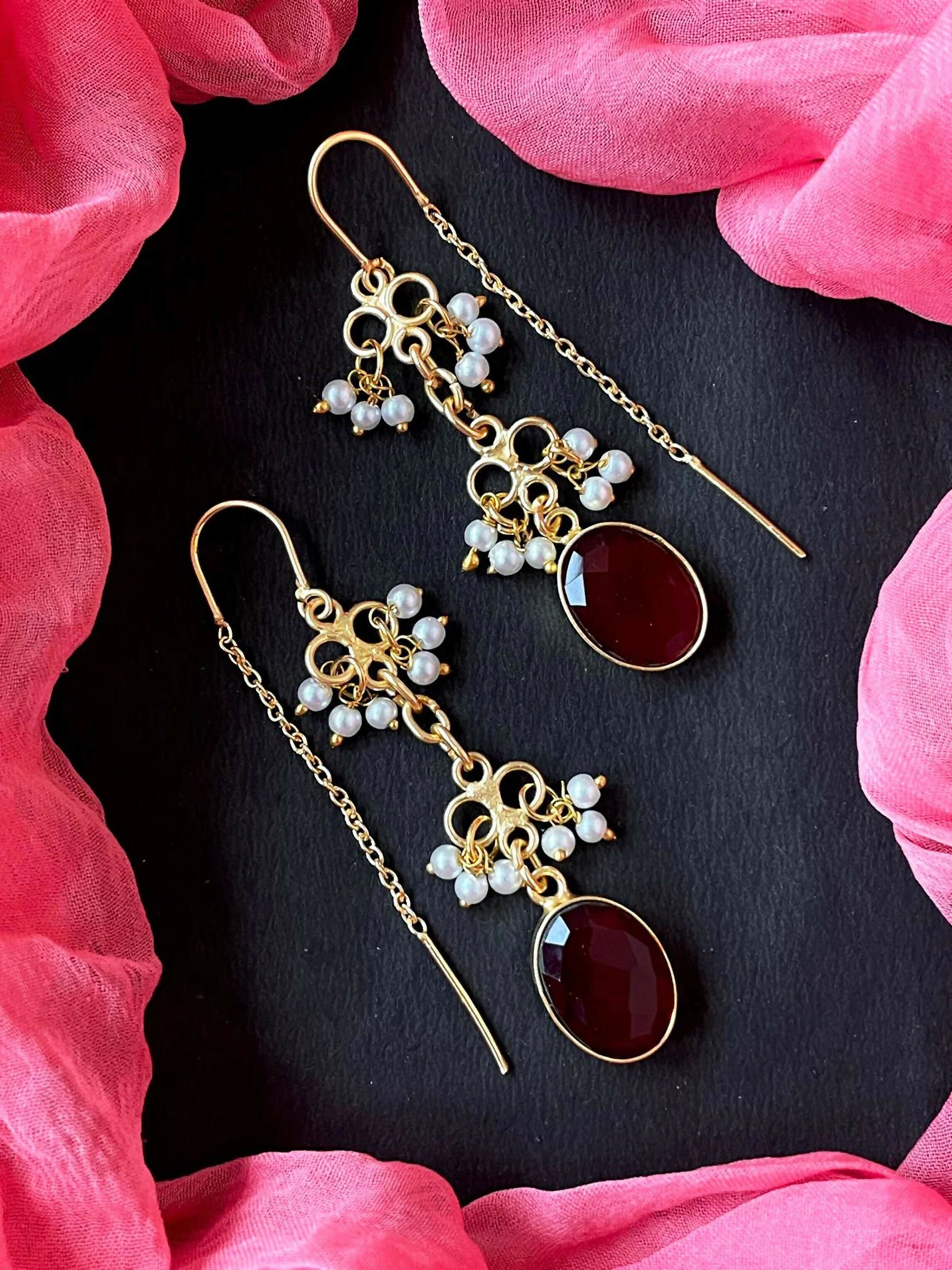 Elegant maroon glass cut stone beaded earrings crafted from brass