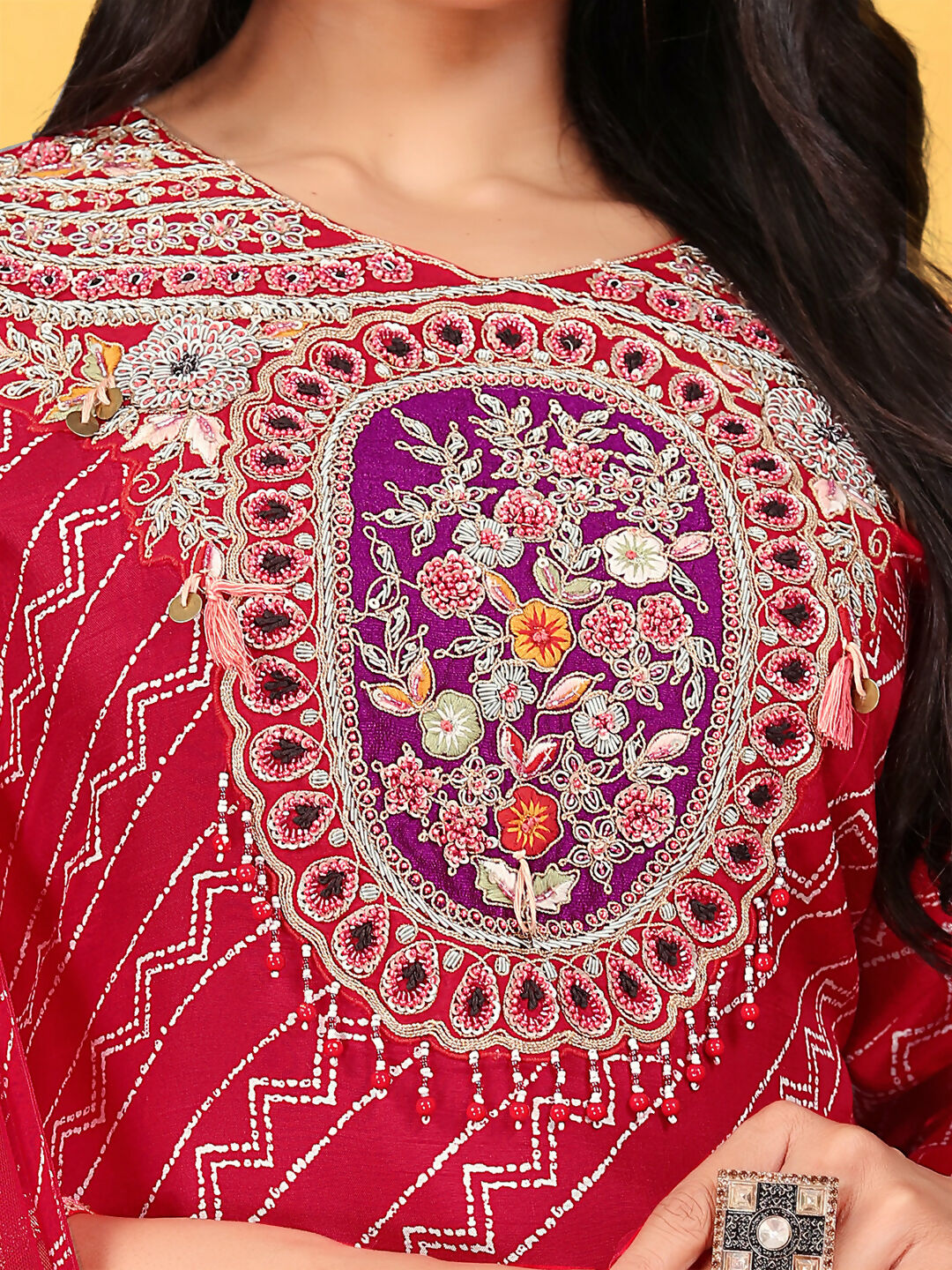 Red Pure Viscose Dola Silk Handwork Kurta Set with Cotton Lining