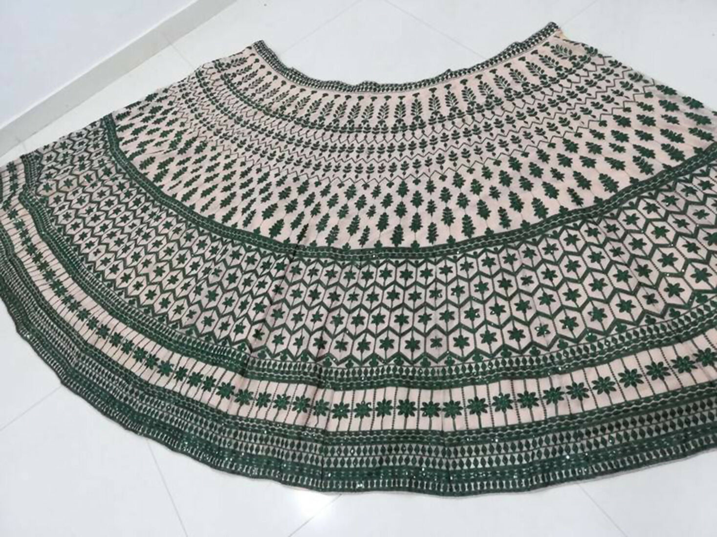 Teal Green and Cream Georgette Lehenga Choli with Thread Embroidery