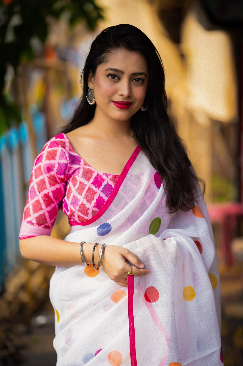 White Pure Linen Ethnic Motif Saree with Printed Blouse