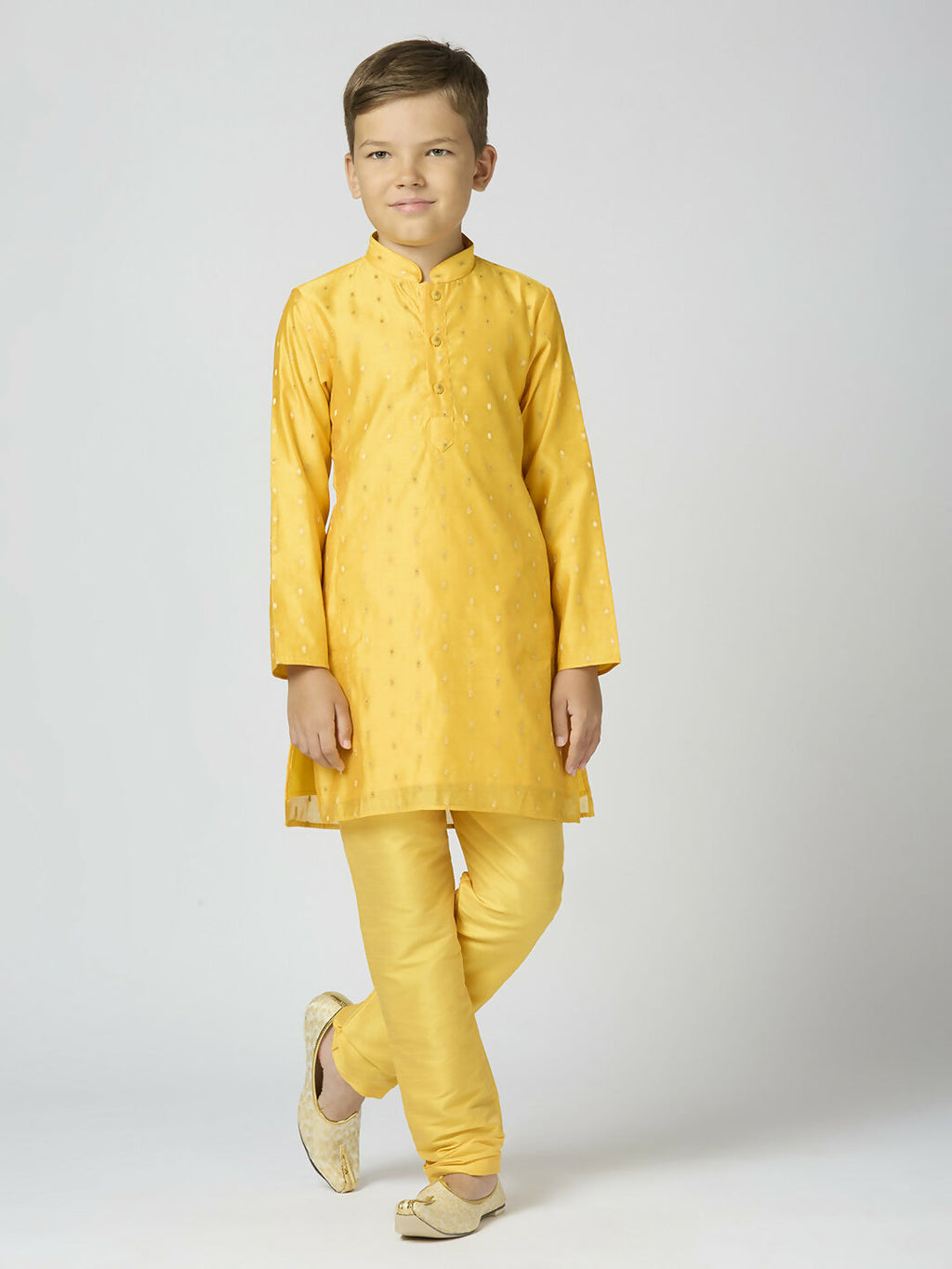Boys Yellow Chanderi Kurta and Pyjama Set with Traditional Butta