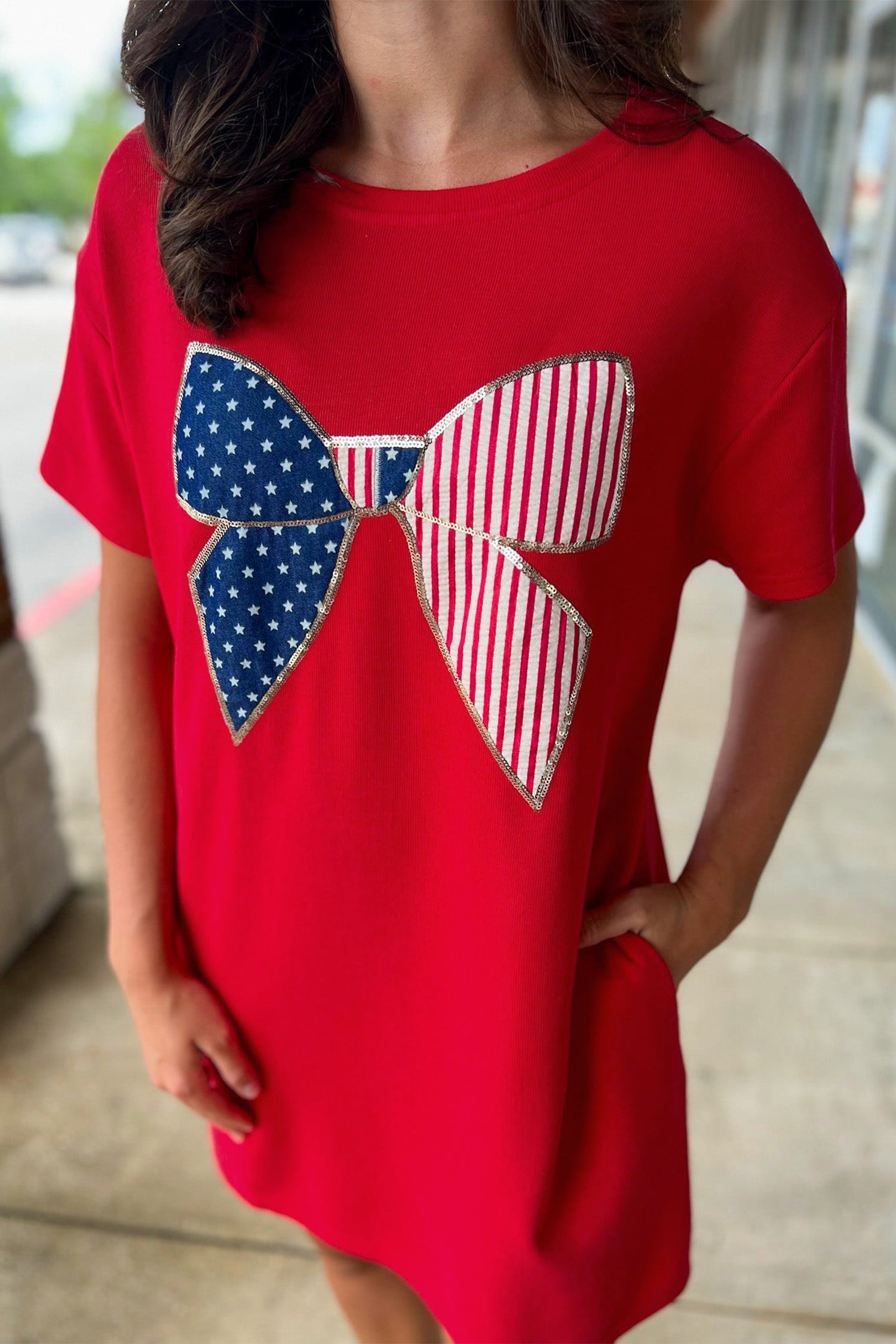 Fiery Red Sequin Trim Stars & Stripes Bow Patch T-Shirt Dress