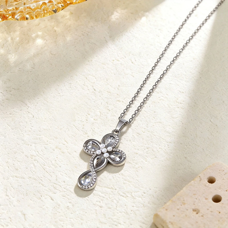 Stainless Steel Rhinestone Cross Pendant Necklace for Women