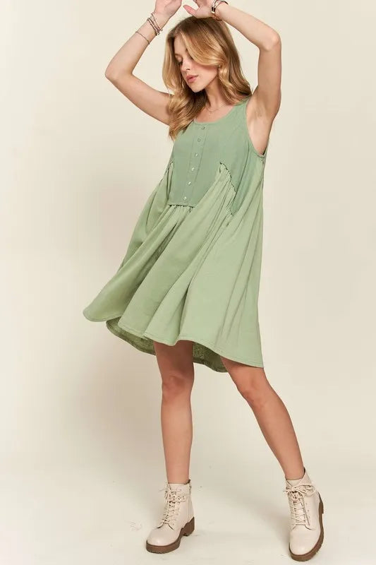 Sleeveless Babydoll Dress with Decorative Buttons