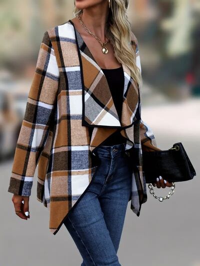 Elegant Plaid Open-Front Long Sleeve Jacket Lightweight