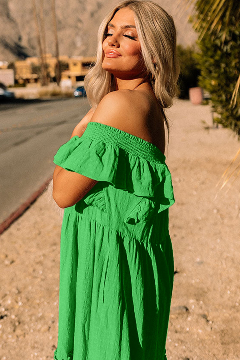 Green Ruffled Flutter Sleeve Square Neck Tiered Maxi Dress