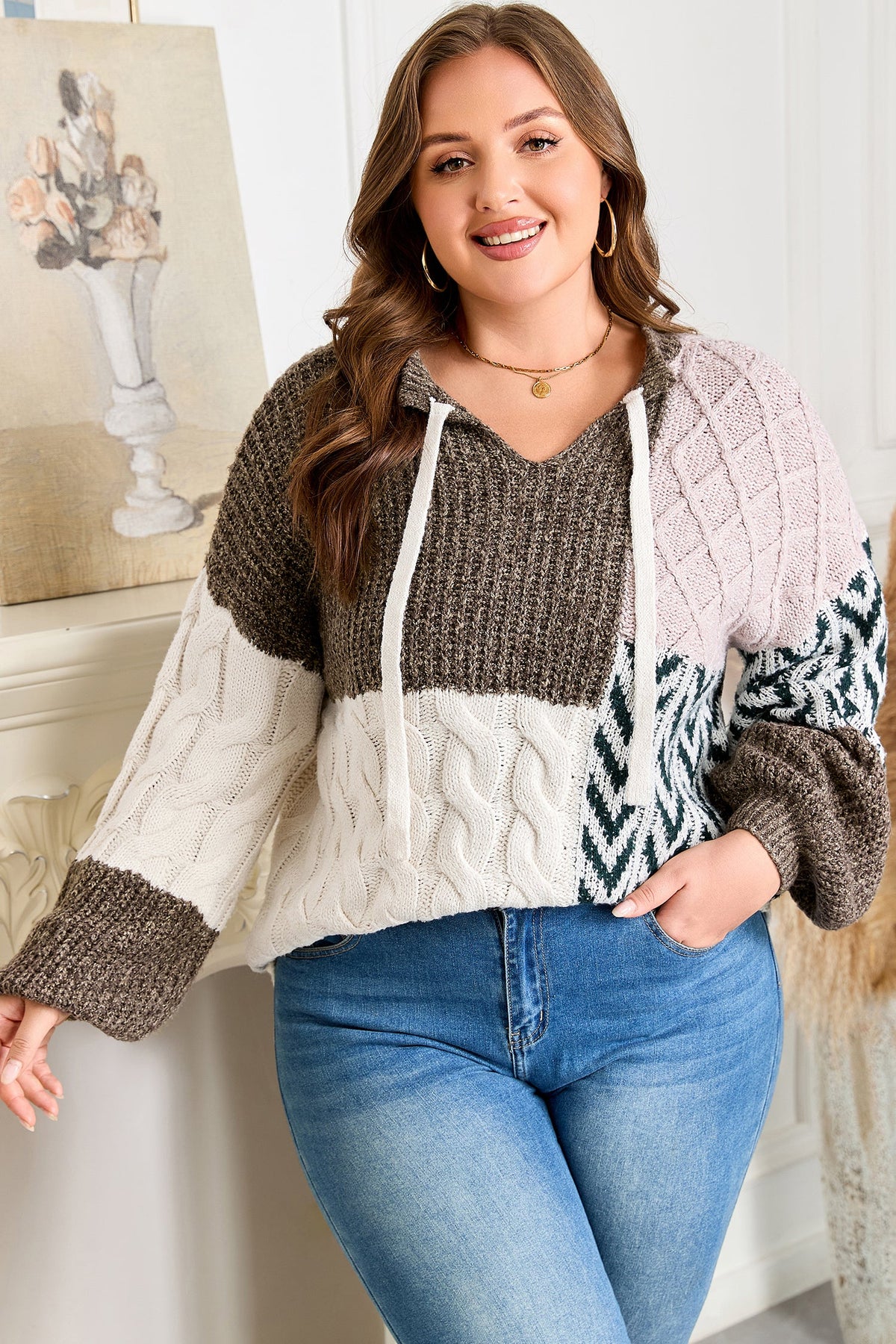 Plus Size Colorblock Cable Knit Tie Back Sweater