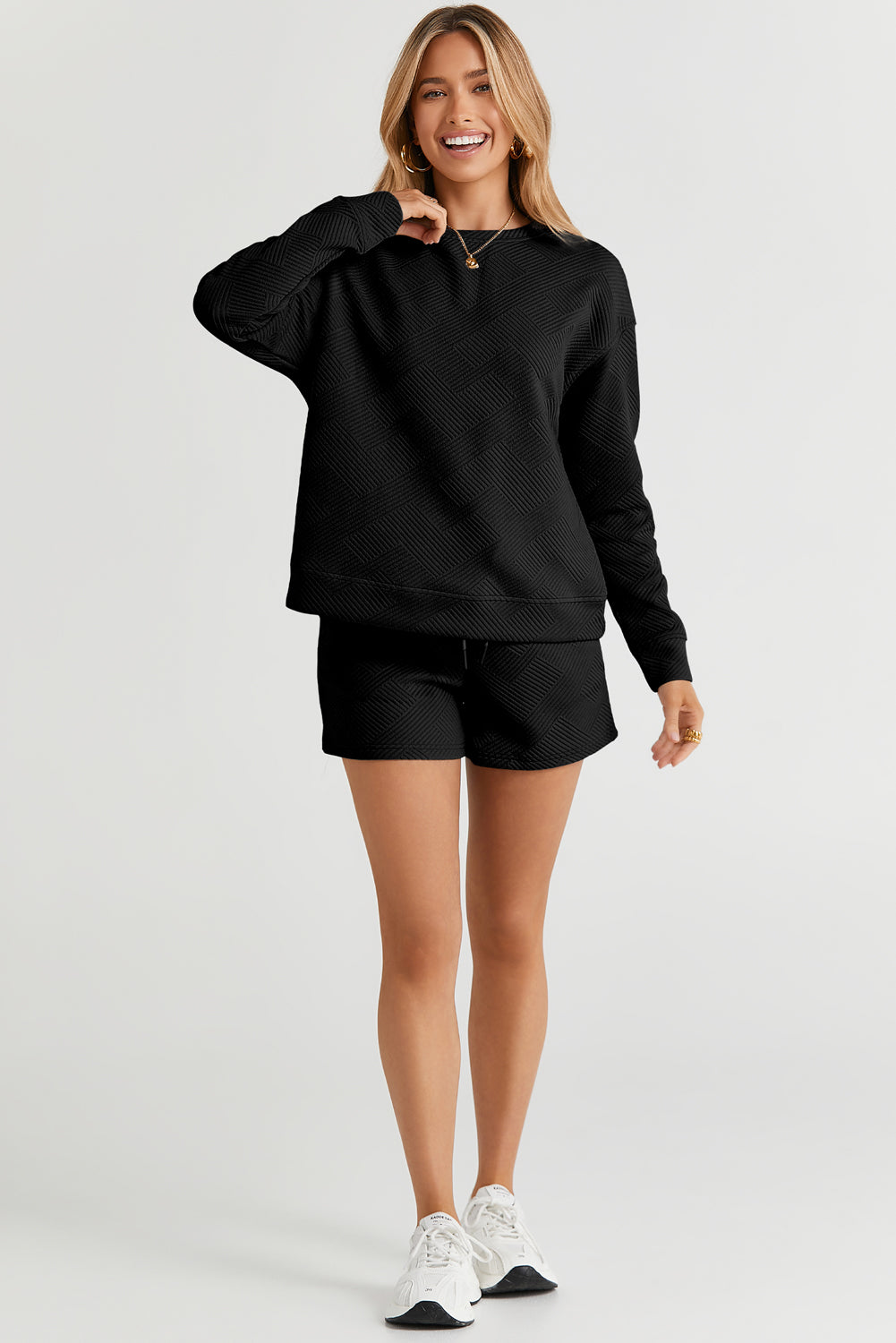 Textured Long Sleeve Top and Drawstring Shorts Set