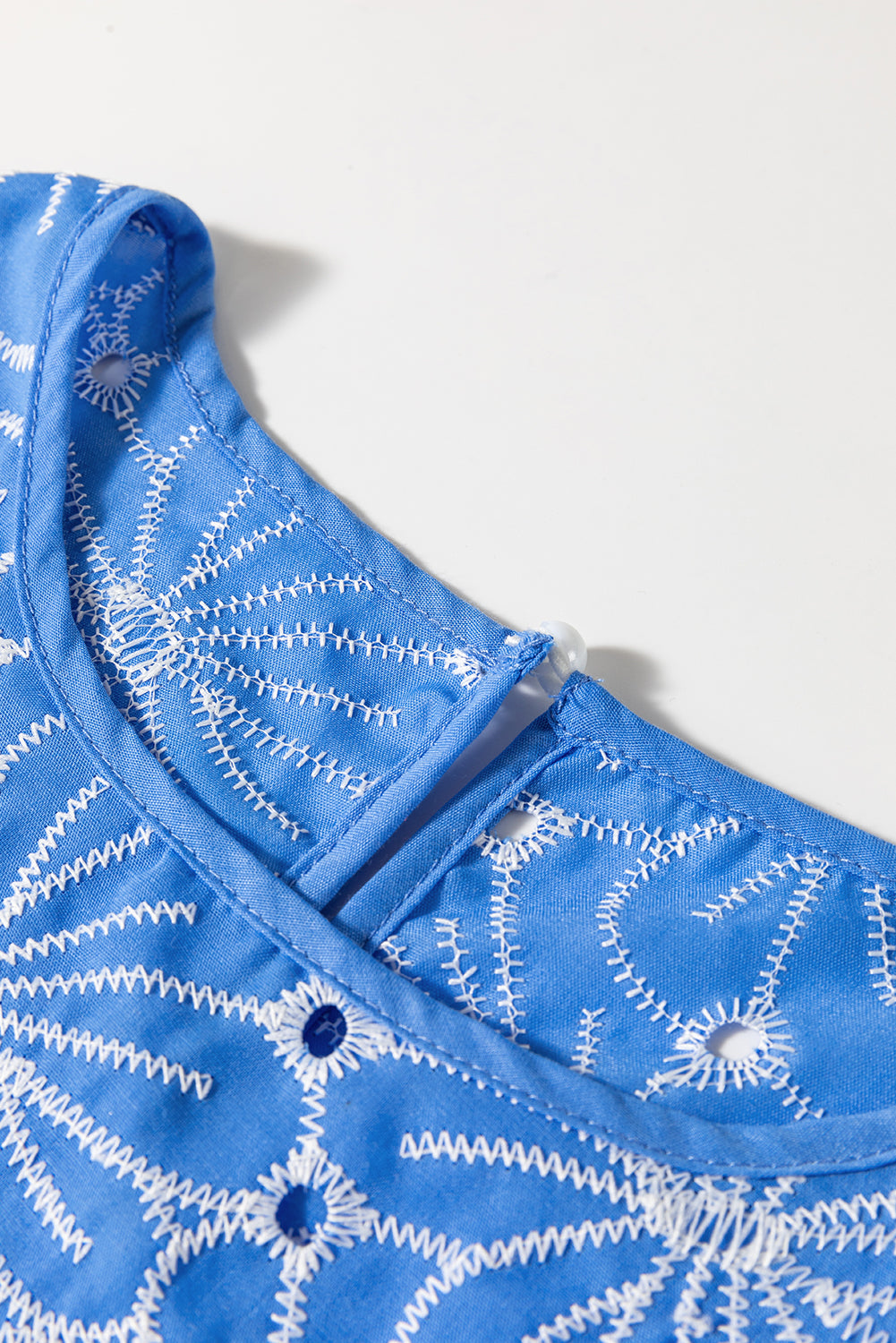 Eyelet Flower Embroidery Puff Sleeve Blouse in Sky Blue