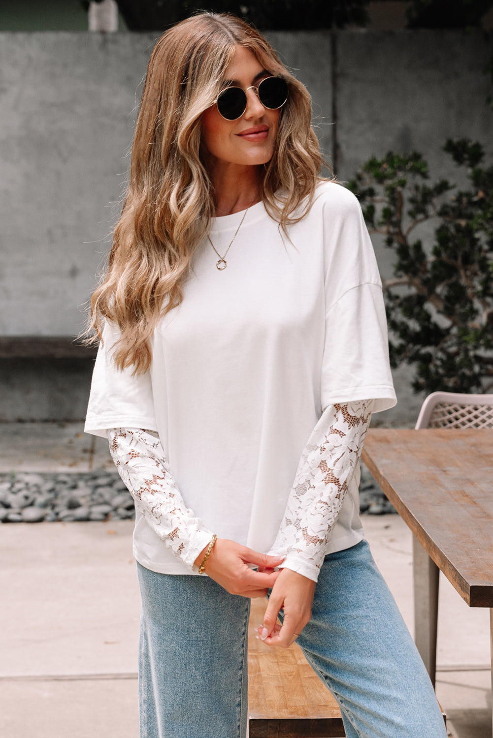 Women's Long Sleeve Drop Shoulder Tee with Romantic Lace Inserts