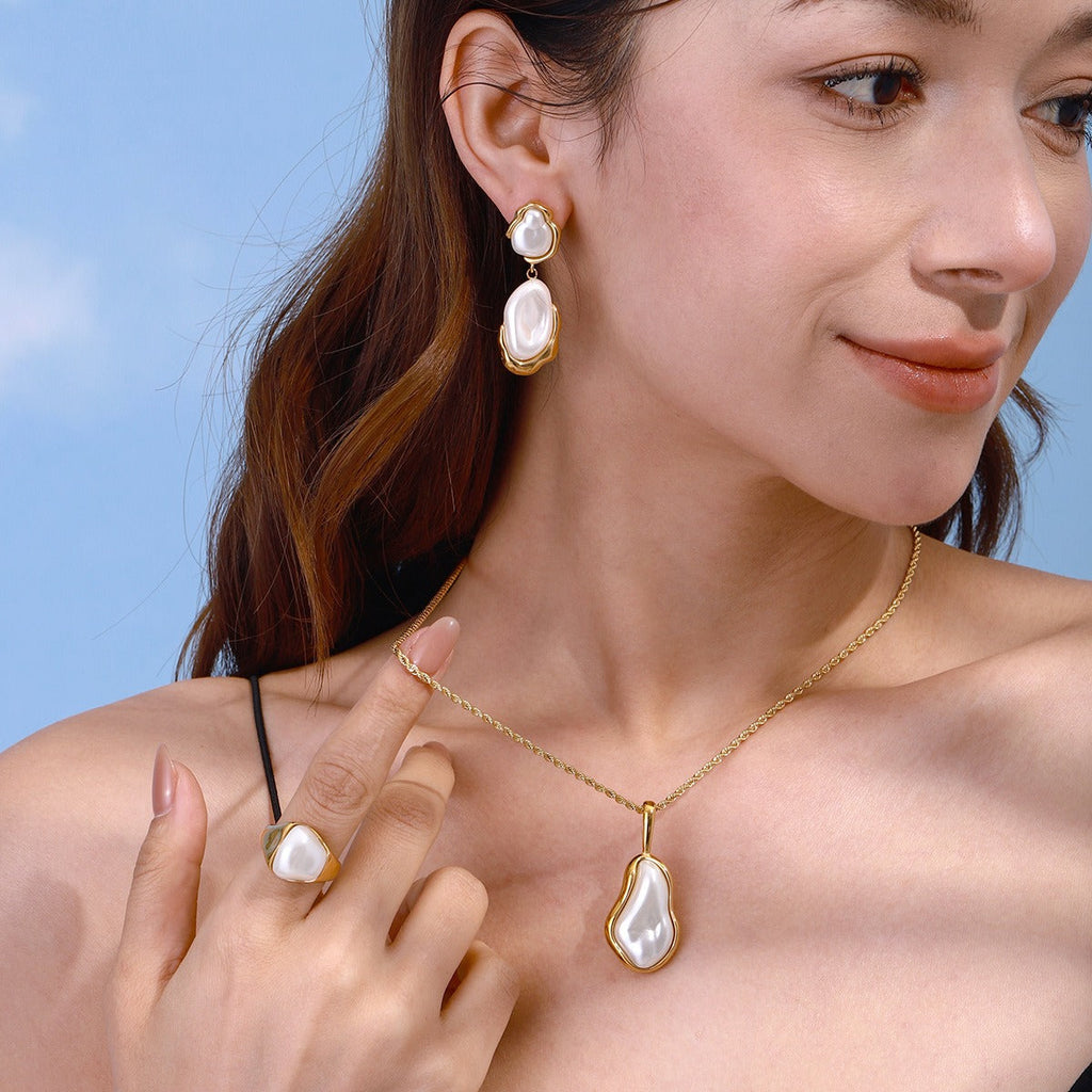 18K gold inlaid irregular pearl design light luxury fashion necklace earrings ring set