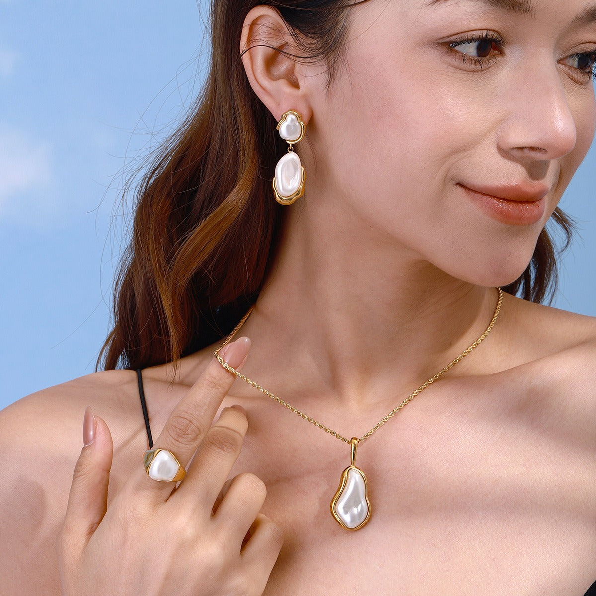 18K gold inlaid irregular pearl design light luxury fashion necklace earrings ring set