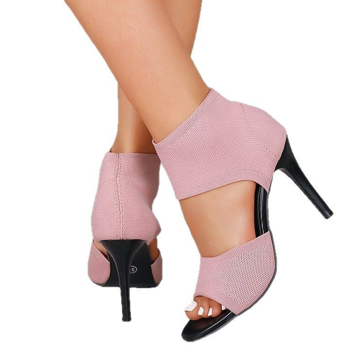 Women's Black Knitted Stiletto Peep Toe Heels with Ankle Support - Image 3