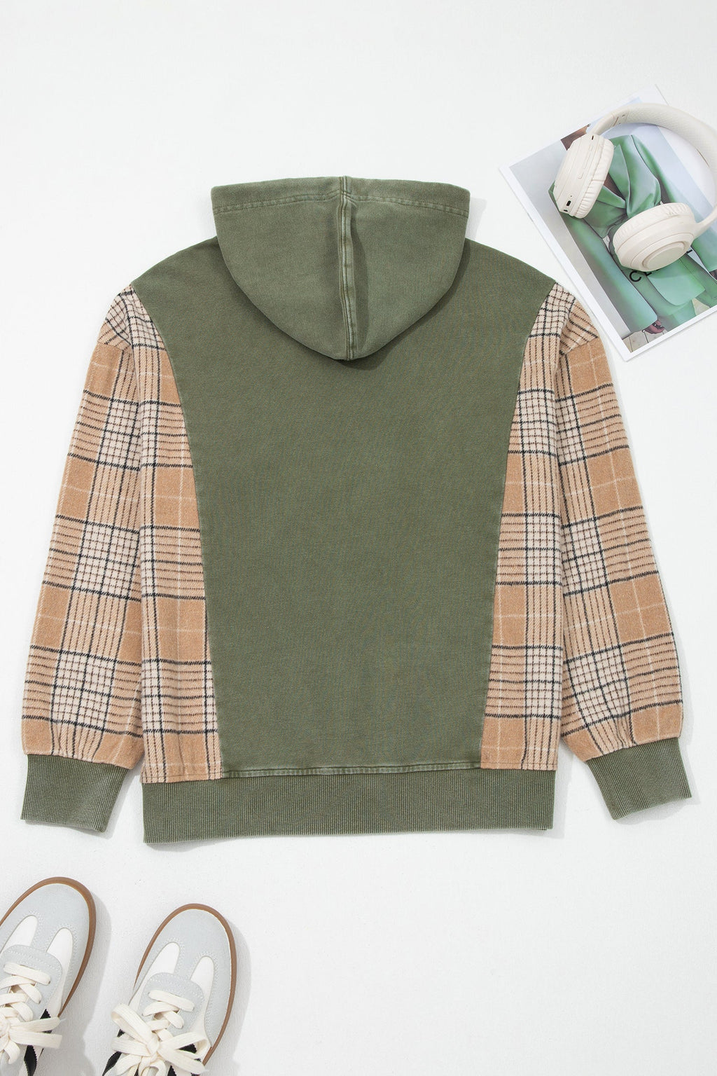 Plaid Patchwork Pocketed Drawstring Hoodie