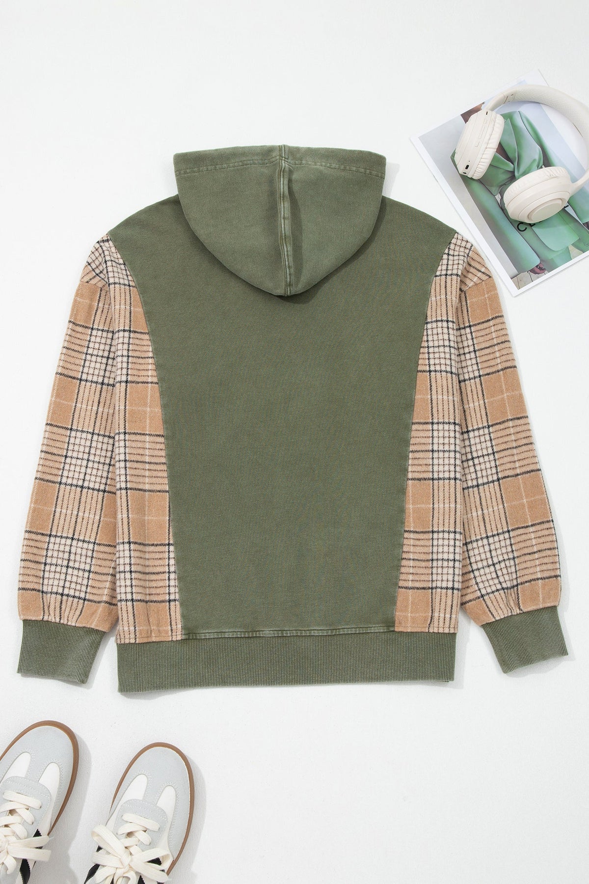 Plaid Patchwork Pocketed Drawstring Hoodie