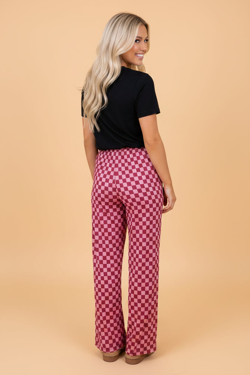 Checker Elastic Waist Wide Leg Pants in Burgundy and Light Pink
