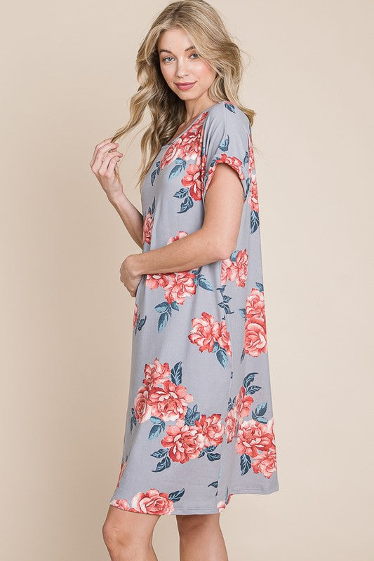 Floral Print Short Sleeve T-Shirt Dress with Pockets for Women