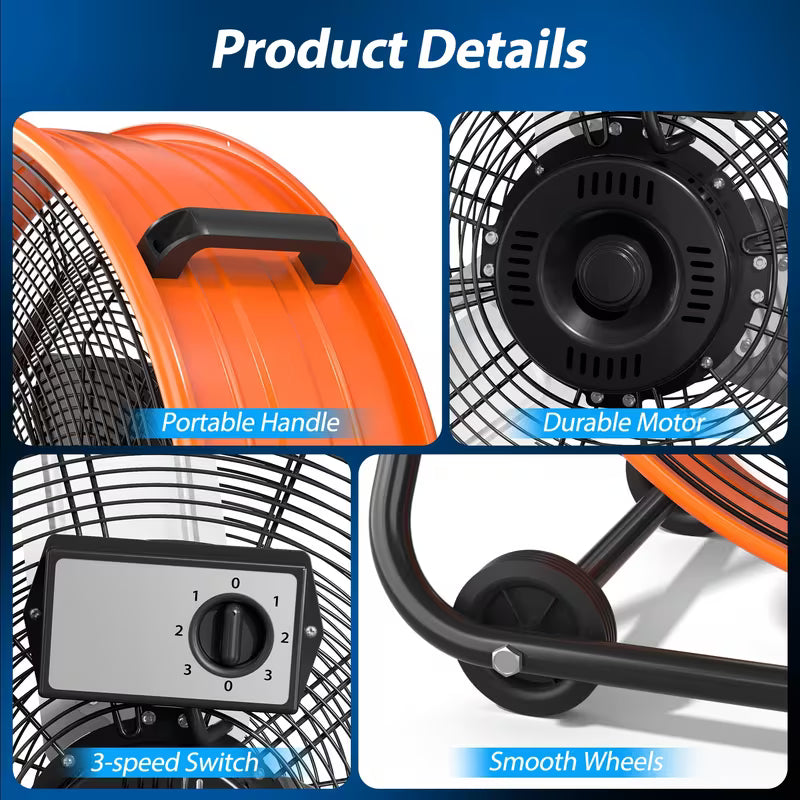 3-Speed Floor Drum Fan for Garage and Office