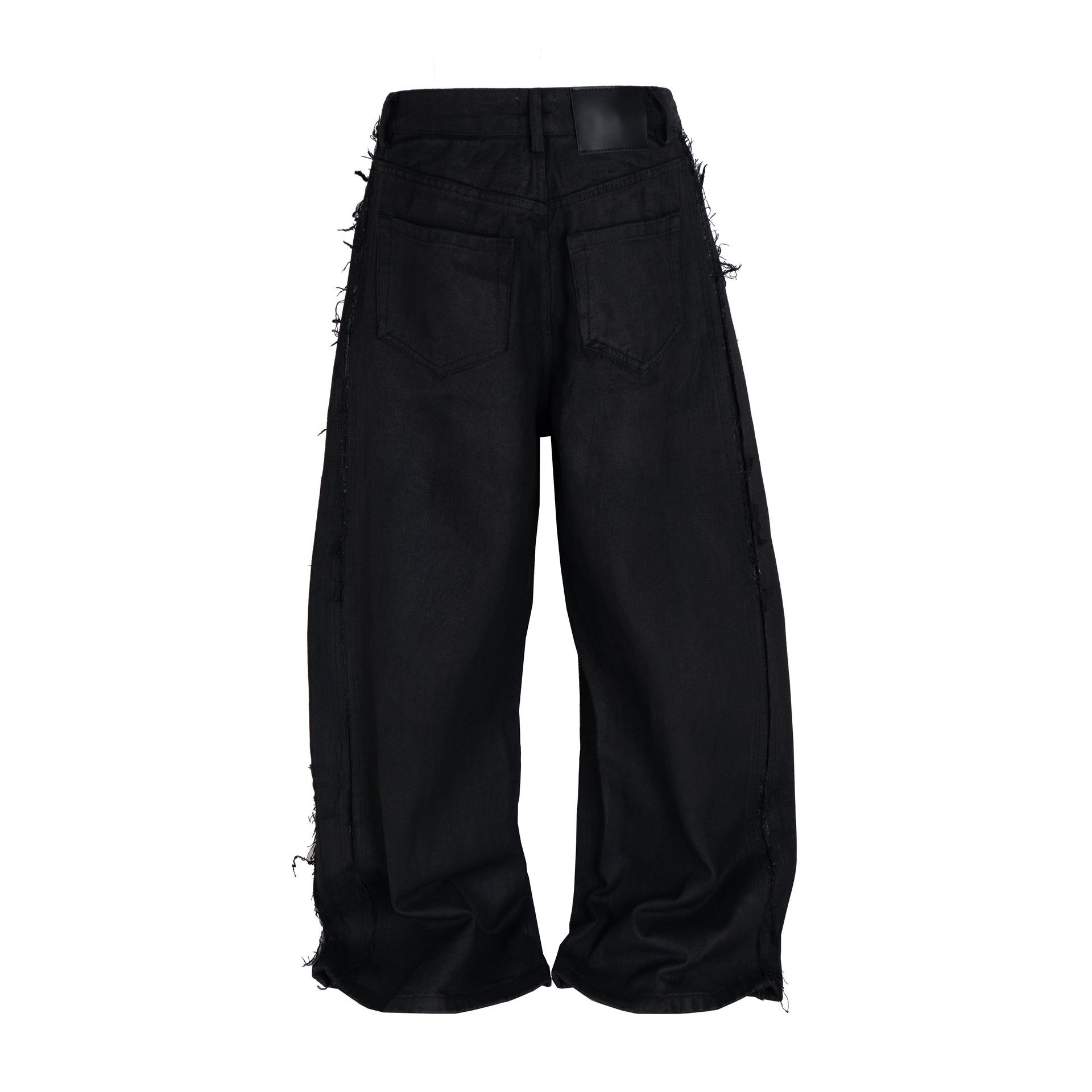 Wideboy Waxed Fray Black Denim Baggy Jeans with Distressed Panels - Image 3