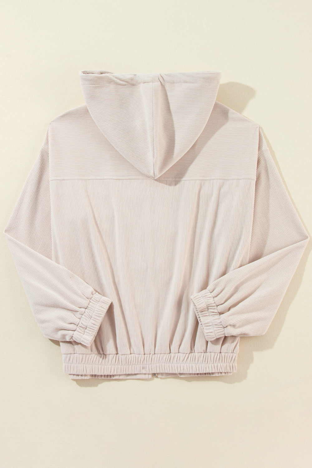 Women's Cream Corduroy Zip-Up Hooded Jacket with Pockets