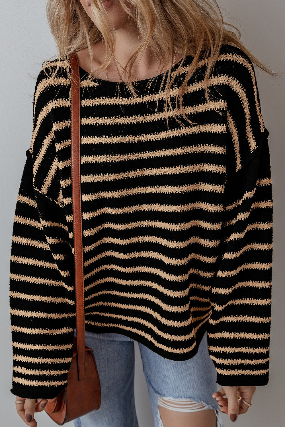 Wren Black and Beige Striped Drop Shoulder Knit Sweater