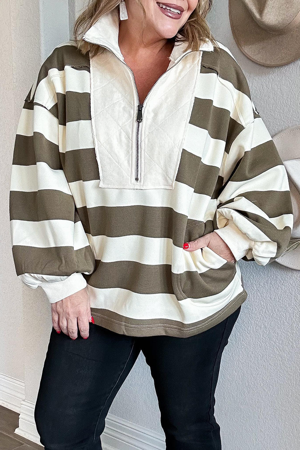 Green Stripe Plus Size Half Zipped Casual Sweatshirt