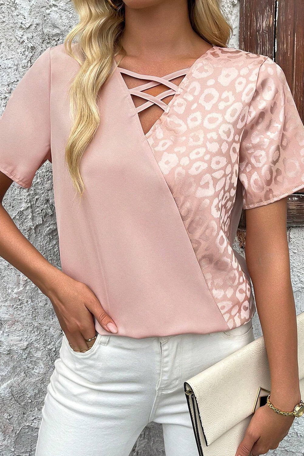 Apricot Pink Leopard Patchwork Cross Strappy V-Neck Blouse