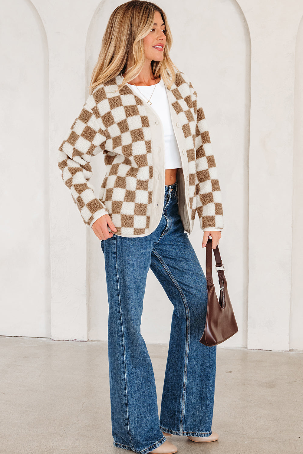Checker Sherpa Button Front Chunky Jacket