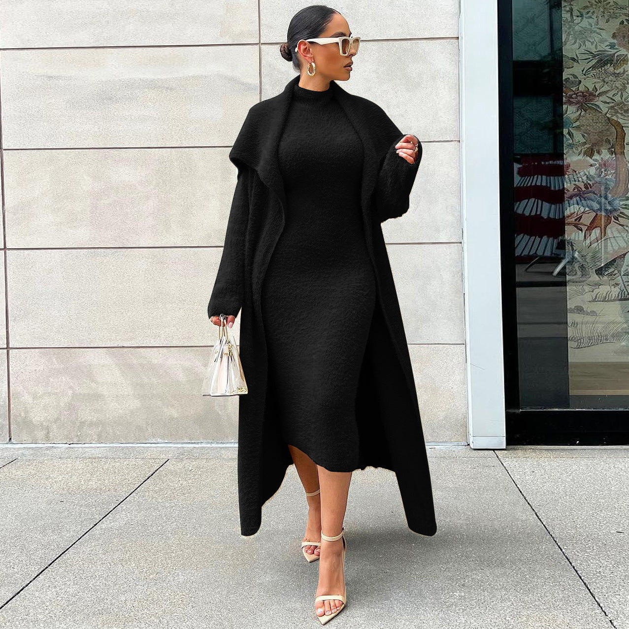 Minimalist Velvet Two-Piece Dress and Long Cardigan Set
