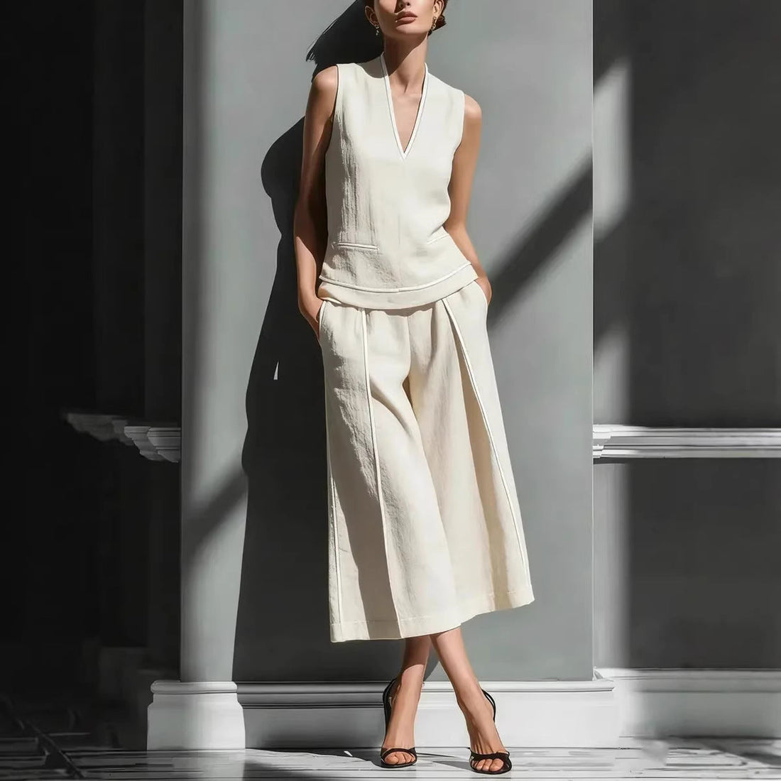 Women's Sleeveless Linen V-Neck Top and Cropped Pants Set
