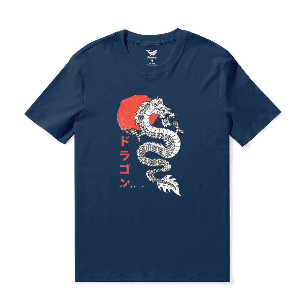 Men's Navy Blue crew neck t-shirt with intricate Japanese dragon print design