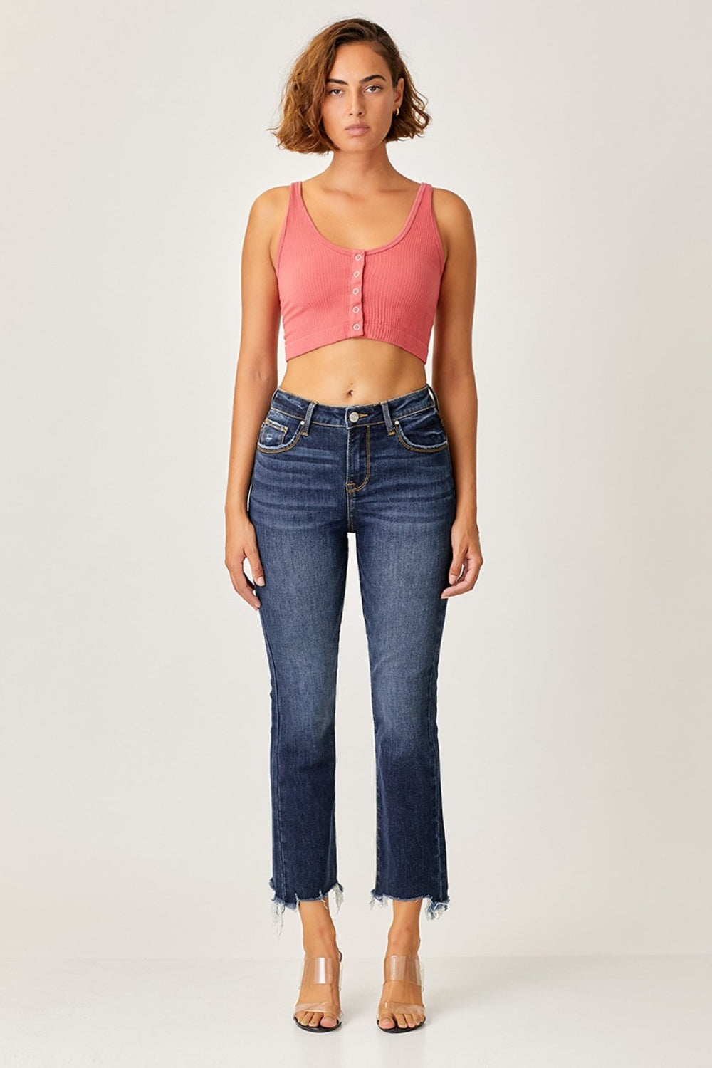 Risen Frayed Hem Cropped Straight Jeans | Cotton Blend