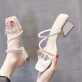 Women's Rhinestone Square Toe Mid Chunky Heel Slide Sandals - Image 4