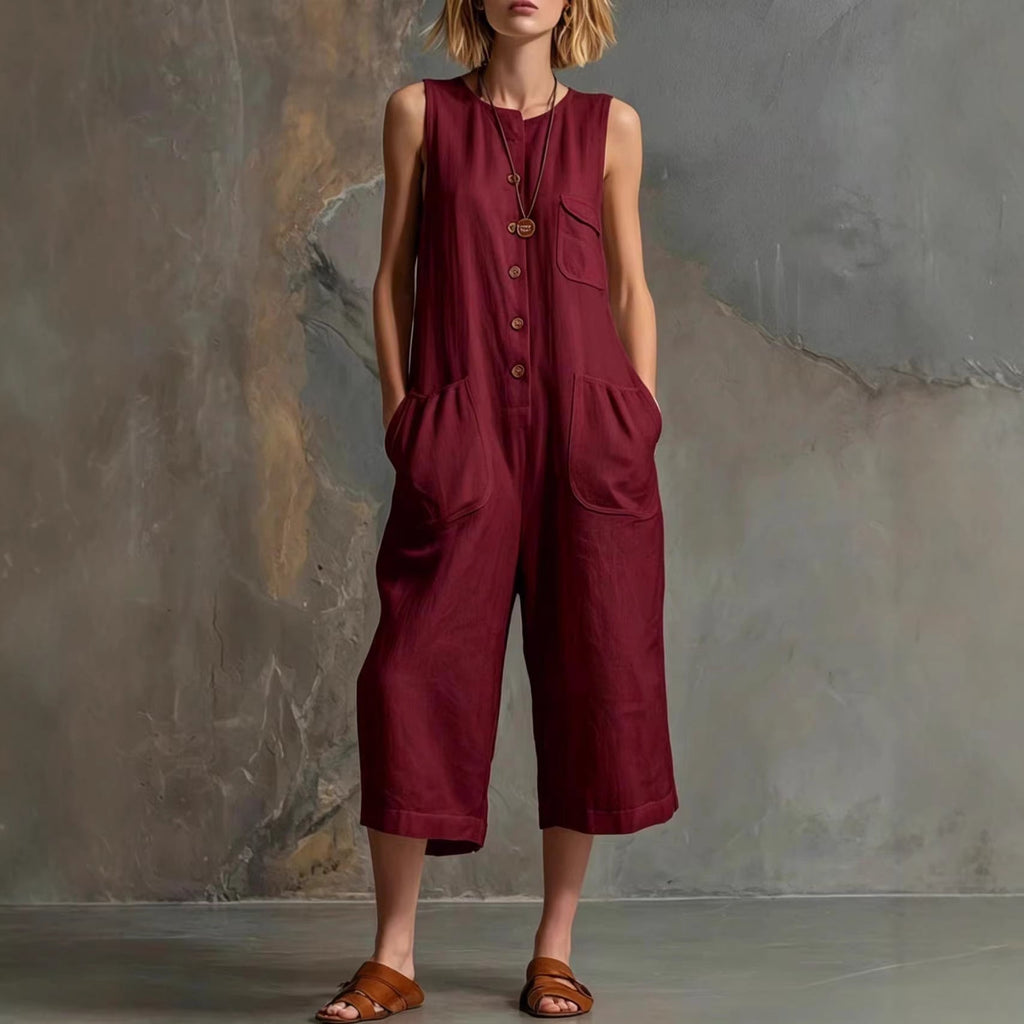 Women's Retro Sleeveless Button-Down Wide-Leg Cropped Jumpsuit - Image 3