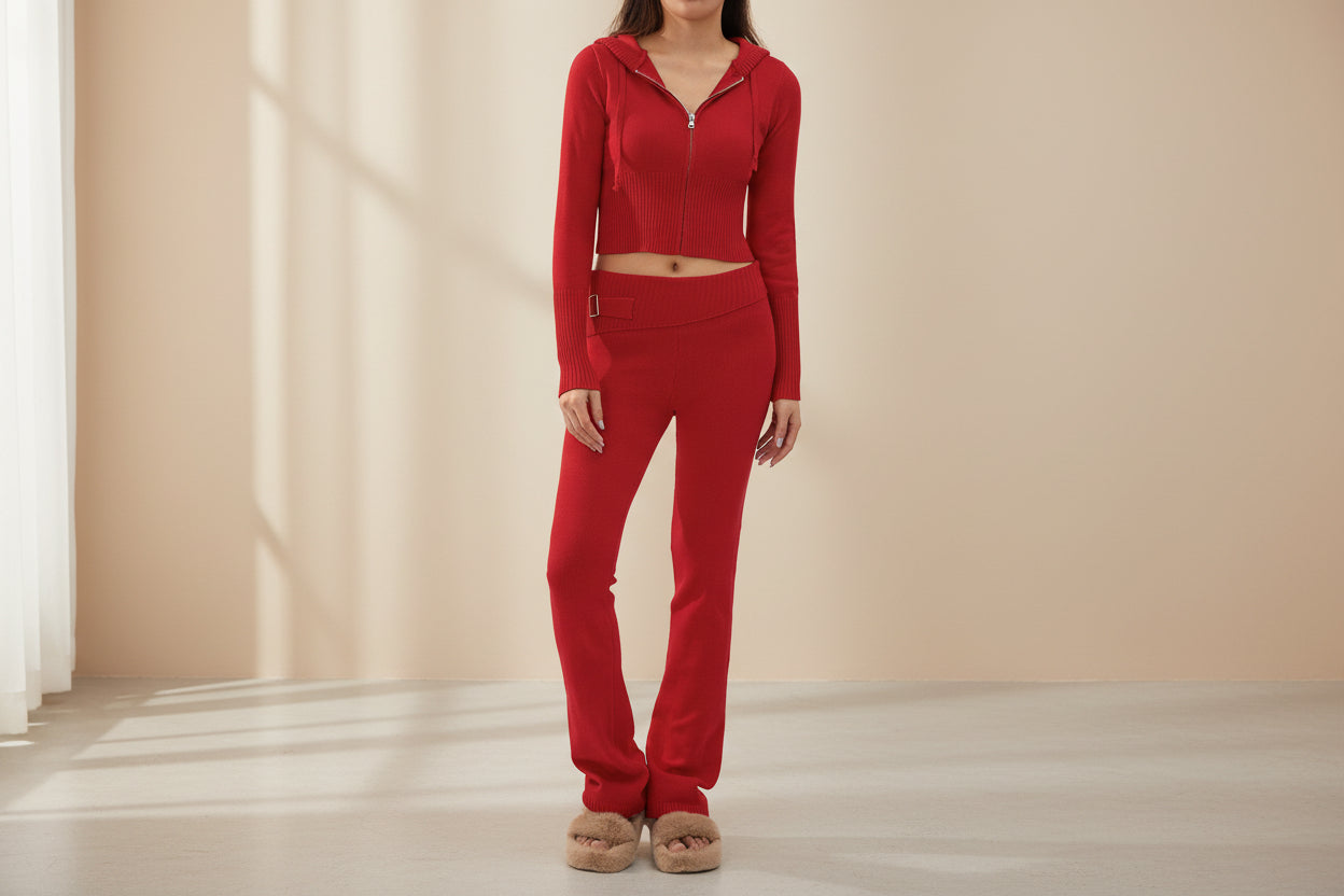 Women's Cozy Knitted 2-Piece Set - Cardigan & High-Waisted Pants