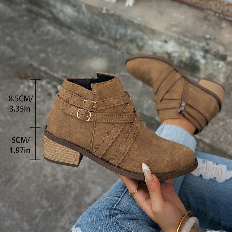 Women's Retro Buckle Ankle Boots Chic Suede Stacked Heel Booties