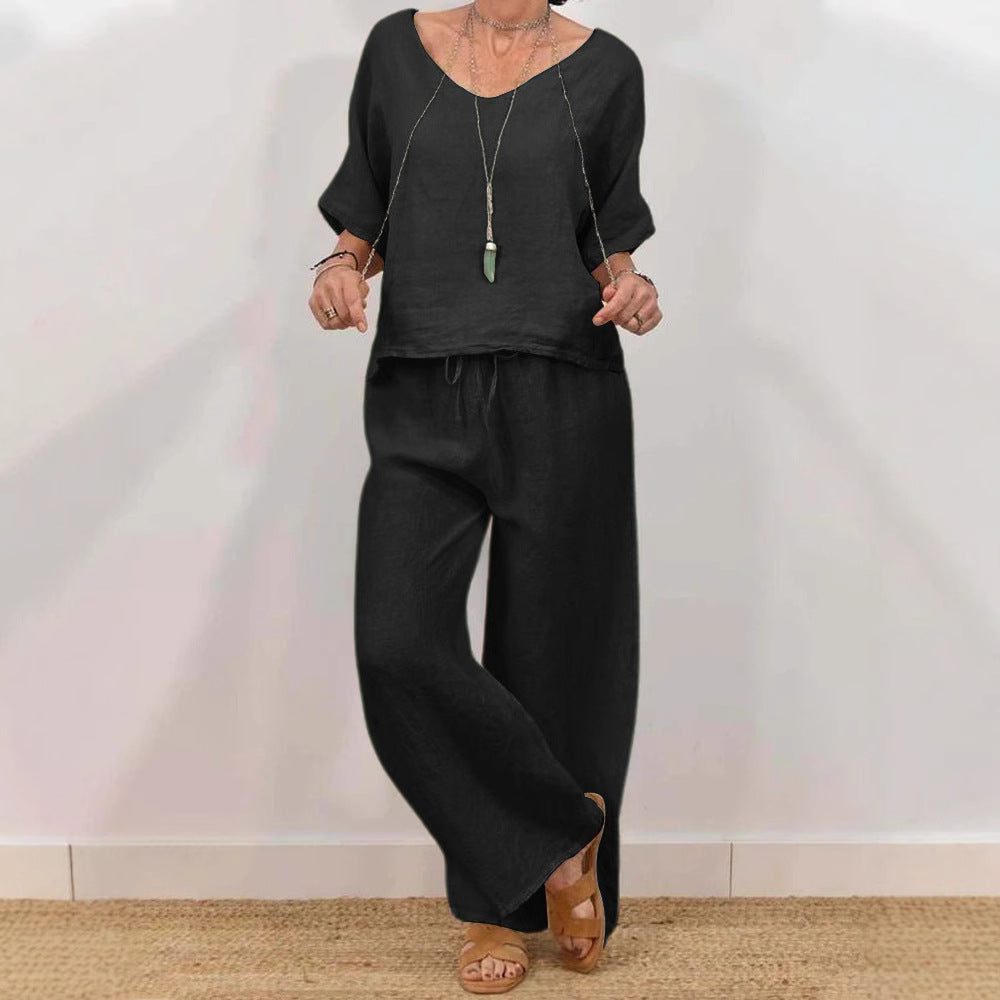 Women's V-Neck Pullover Top and Wide Leg Pants Two Piece Set - Image 3