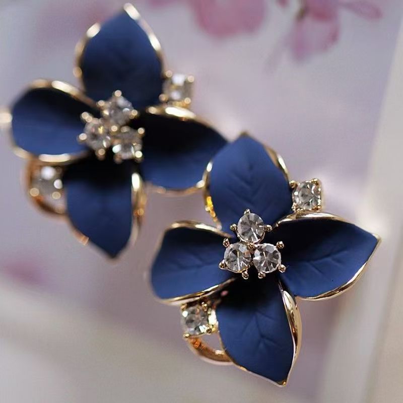 Elegant Camellia Flower Stud Earrings with Diamond Inlay