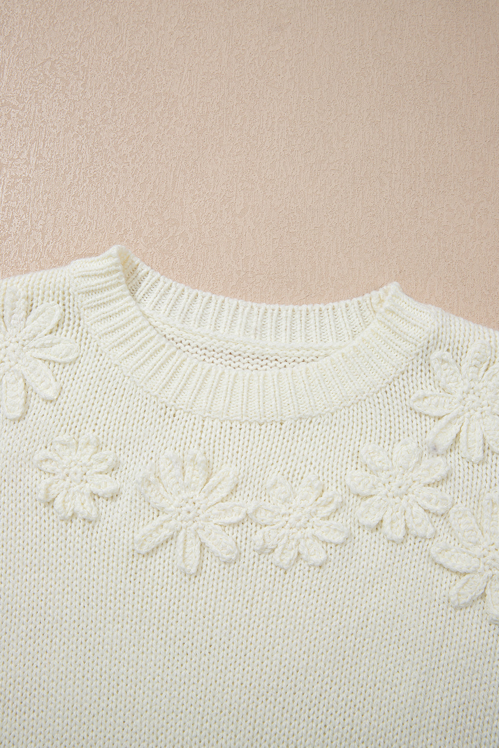 Floral Textured Puff Sleeve Round Neck Sweater