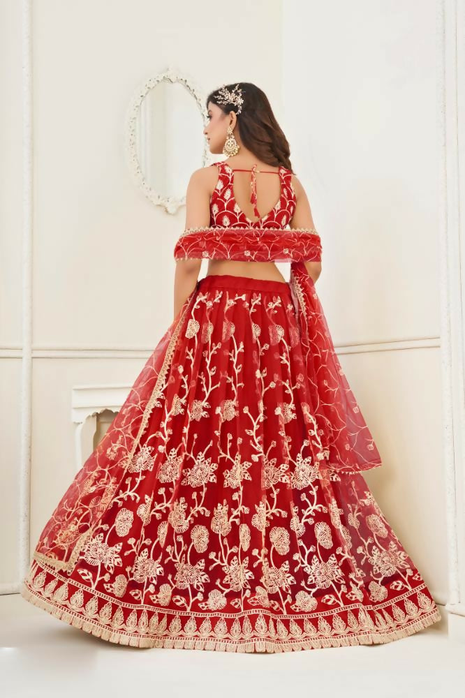 Red Butterfly Net Lehenga with White Cotton Thread and Sequence