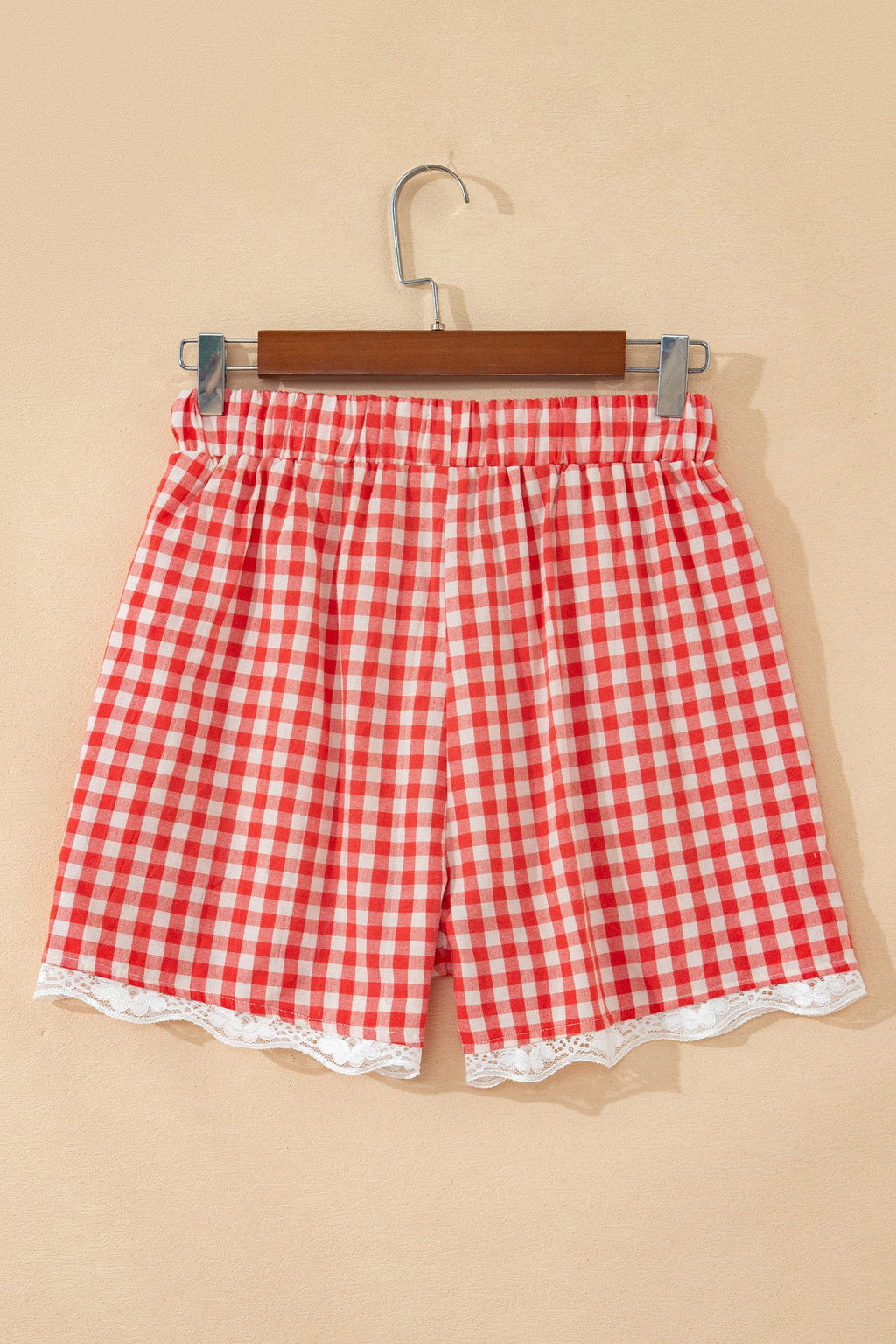 Red and White Gingham Plaid Tie Waist Lace Hem Shorts