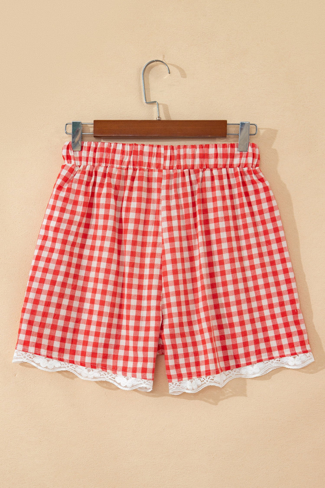 Red and White Gingham Plaid Tie Waist Lace Hem Shorts