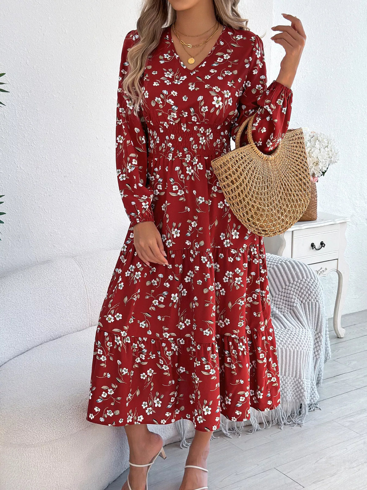 Floral Print Long Sleeve V-Neck Midi Dress