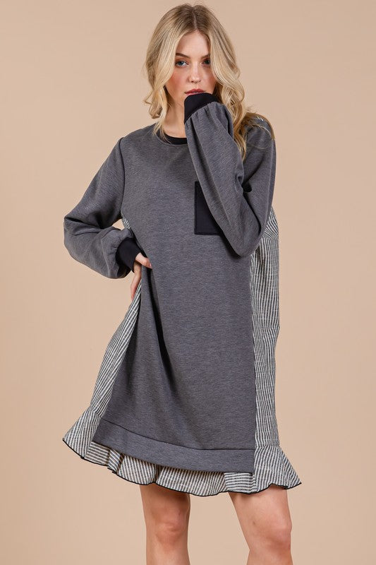 Striped Patchwork Terry Sweatshirt Dress in Charcoal