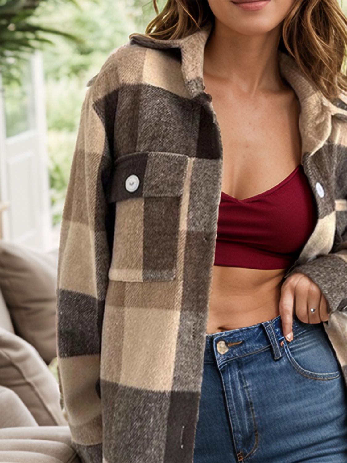 Women's Plaid Button Up Long Sleeve Shacket Shirt Jacket - Image 3