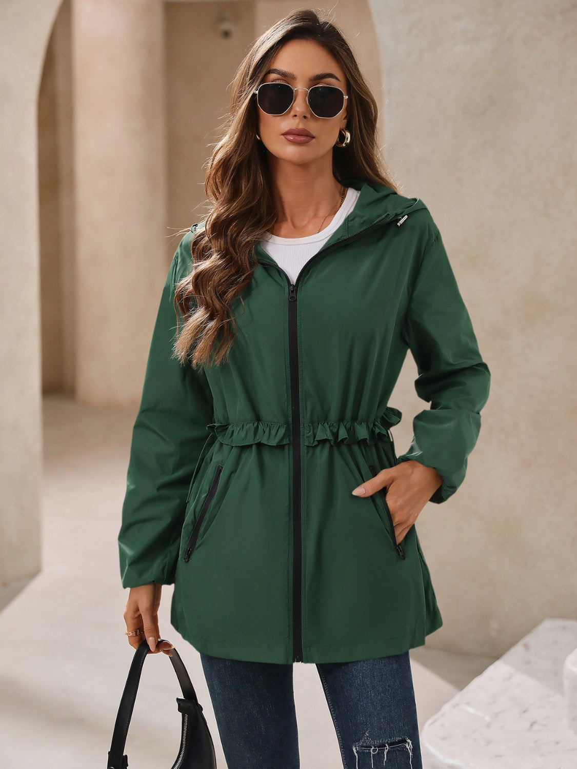 Women's Waterproof Hooded Windbreaker Jacket with Waist Detail - Image 13