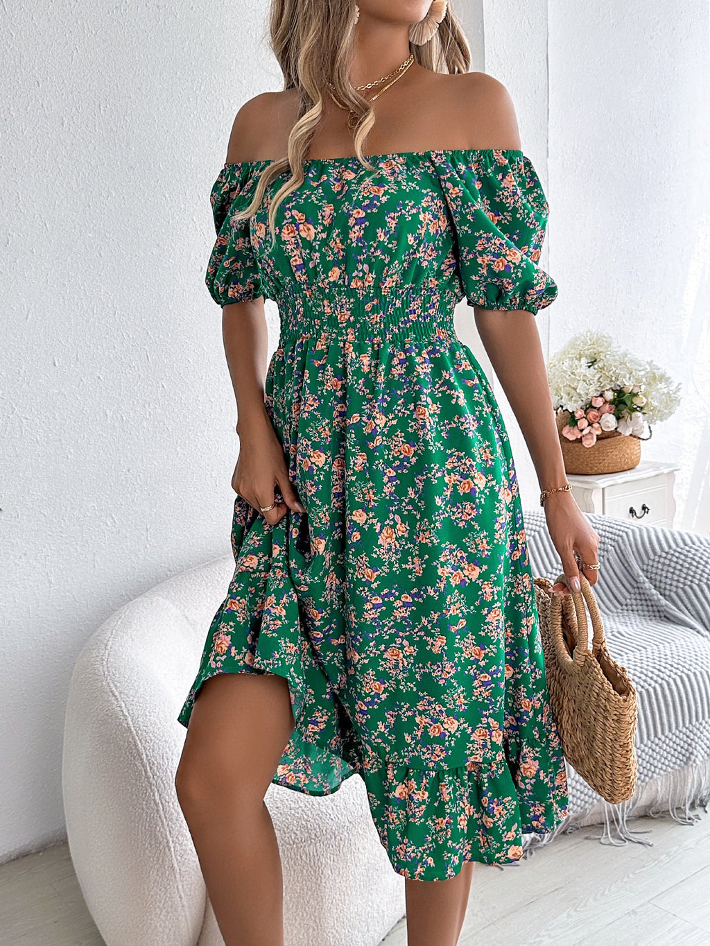 Floral Print Square Collar Ruffle Dress - Summer Fashion